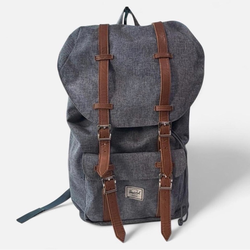 Herschel Little America Backpack Dark Grey Crosshatch Tan Leather Straps